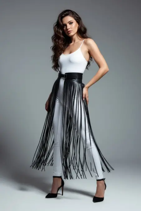 Siyah Etek Suni Deri Etek Püsküllü Uzun Yüksek Bel Etek - APFT1003 - 1