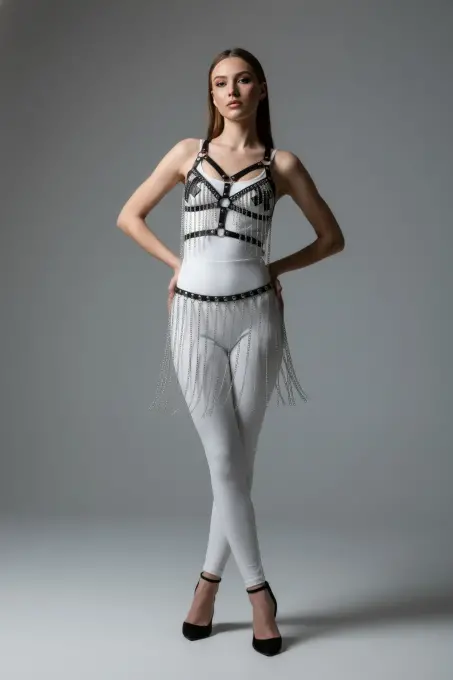 Siyah Etek Zincir Detaylı Etek Deri Kemerli Giyim - APFT496 - 2