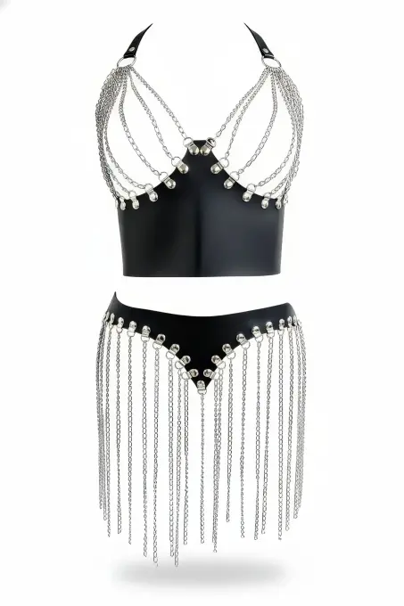 Siyah Etek Zincir Püsküllü Suni Deri Etek Mini Etek - APFT994 - 1