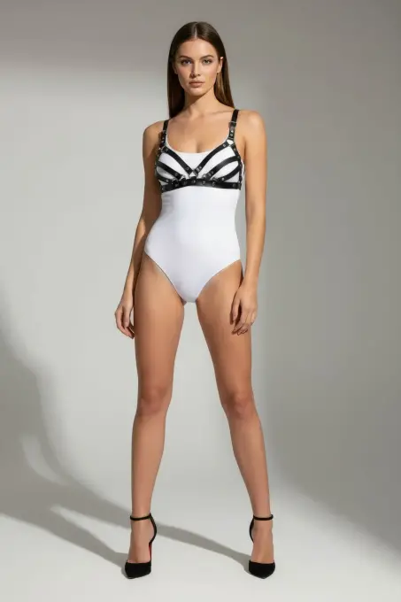 Siyah Göğüs Harness Deri Çoklu Bantlı Zımba Detaylı - APFT733 - 3