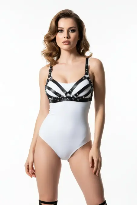 Siyah Göğüs Harness Deri Çoklu Bantlı Zımba Detaylı - APFT733 - 4