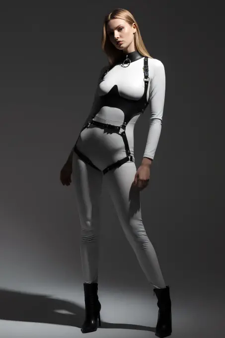 Siyah Göğüs Harness Deri Tokalı Vücut Korse - APFT1402 - 4