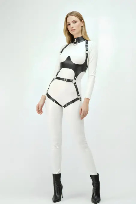 Siyah Göğüs Harness Deri Tokalı Vücut Korse - APFT1402 - 5