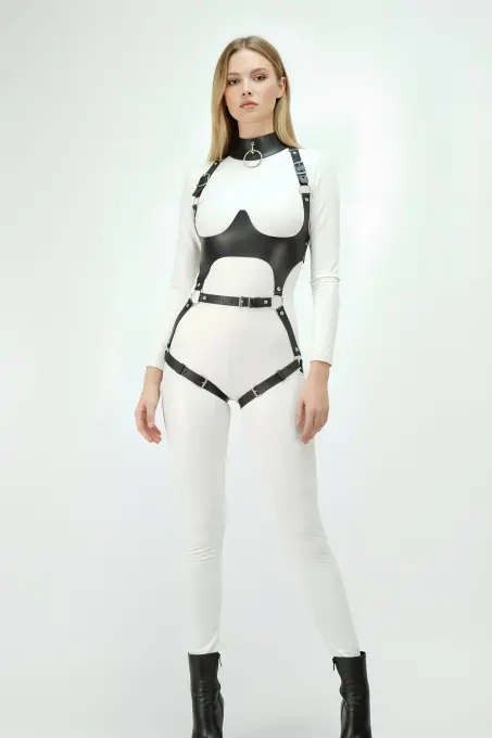 Siyah Göğüs Harness Deri Tokalı Vücut Korse - APFT1402 - 6