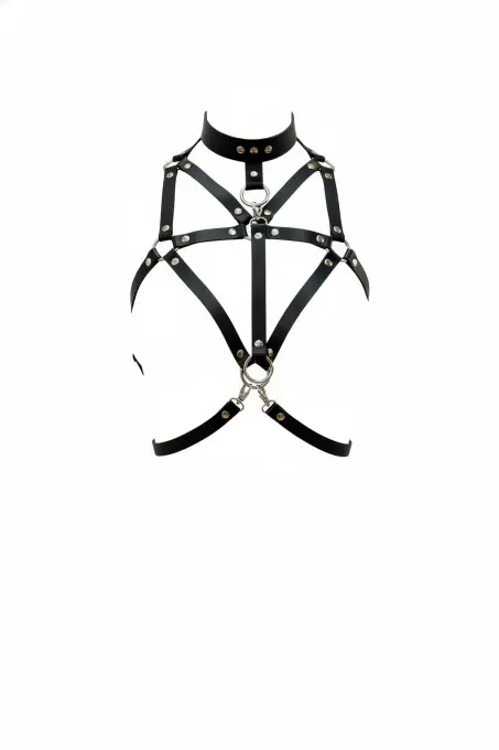 Siyah Göğüs Harness Deri Yüksek Yaka Kafes Detaylı - APFT314 - 1