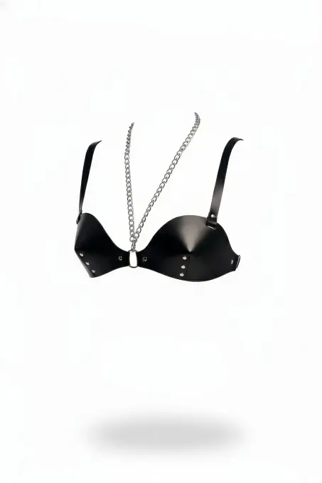 Siyah Göğüs Harness Suni Deri Zımba Detaylı Zincirli - APFT1380 - 1