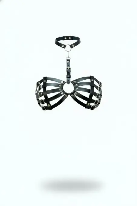 Siyah Göğüs Harness Yaka Detaylı Kafes Yapılı Deri - APFT1408 - 1