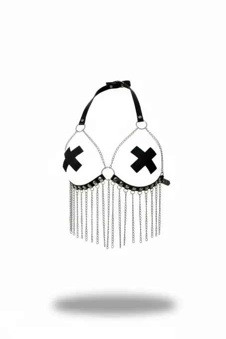 Siyah Göğüs Harness Zincir Detaylı Çapraz Desenli - APFT477 - 1