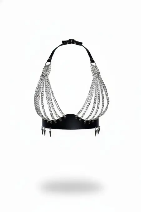 Siyah Göğüs Harness Zincir Detaylı Çivili Deri Vücut Aksesuarı - APFT964 - 1