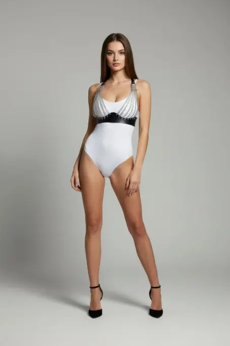 Siyah Göğüs Harness Zincir Detaylı Deri Vücut Takısı - APFT964 - Angels Passion (1)