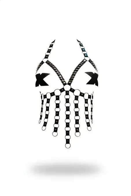 Siyah Göğüs Harness Zincir Detaylı Metal Halkalı Body Aksesuarı - APFT567 - 1
