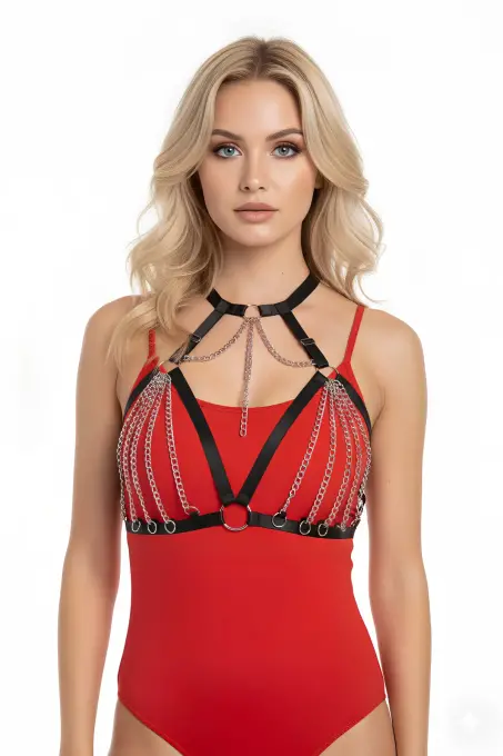 Siyah Göğüs Harness Zincir Detaylı Yaka Aksesuarı - APFT805 - Angels Passion (1)