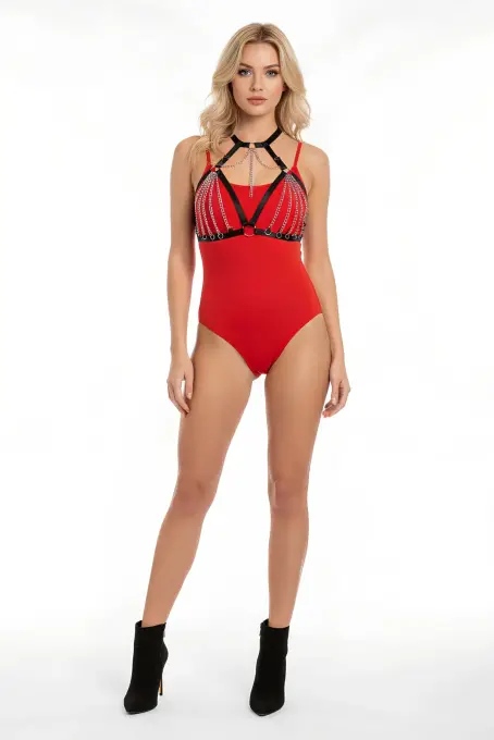 Siyah Göğüs Harness Zincir Detaylı Yaka Aksesuarı - APFT805 - 5