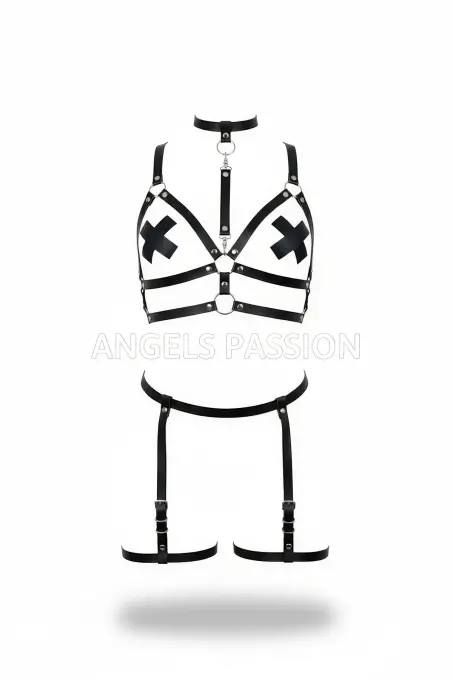Siyah Harness Takım Çapraz Detaylı Halkalı Jartiyerli - APFT488 - 1