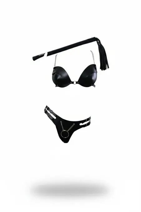 Siyah Harness Takım Deri Büstiyer Zincir Detaylı - APFT1353 - 1