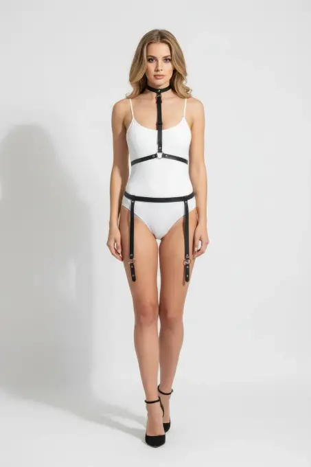 Siyah Harness Takım Deri Halka Detaylı Vücut Aksesuarı - APFT230 - 2