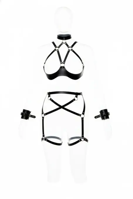 Siyah Harness Takım Deri Jartiyerli Boyunluk Detaylı - APFT1189 - 1