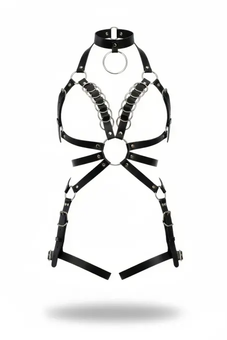 Siyah Harness Takım Deri Metal Halka Detaylı Boyunluklu - APFT781 - 1