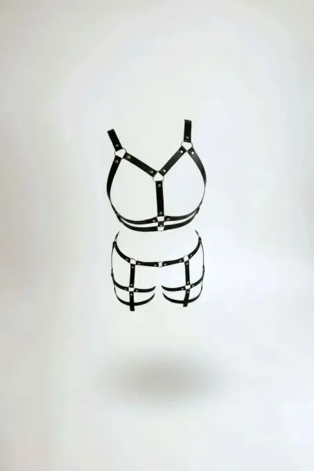 Siyah Harness Takım Deri O Halka Detaylı Vücut Aksesuarı - APFT719 - 1