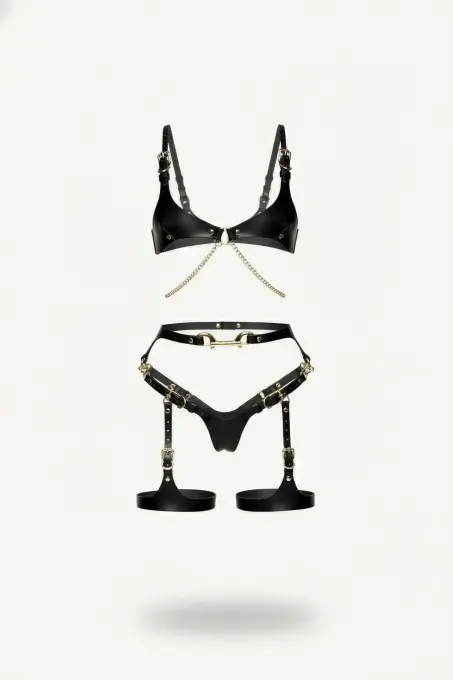 Siyah Harness Takım Deri Zincir Detaylı Tokalı - APFT1379 - 1
