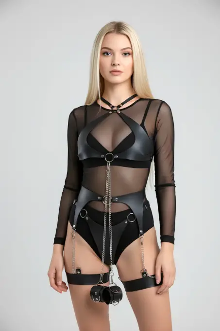 Siyah Harness Takım Deri Zincir Detaylı Vücut Aksesuarı - APFT1219 - 1