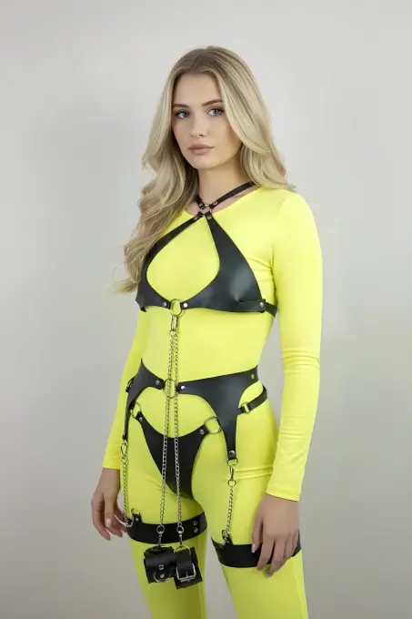 Siyah Harness Takım Deri Zincir Detaylı Vücut Aksesuarı - APFT1219 - 4