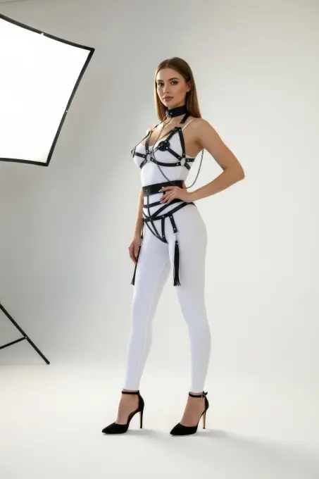 Siyah Harness Takım Gerdanlık Zincir Detaylı Vücut Aksesuarı - APFT394 - 1