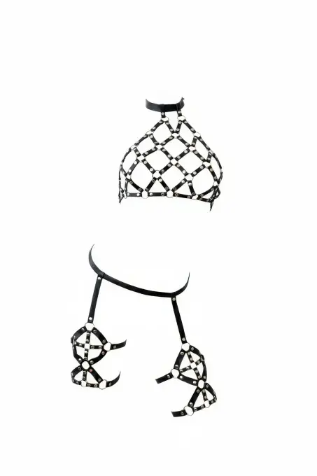 Siyah Harness Takım Kafesli Deri Halka Detaylı - APFT460 - 1