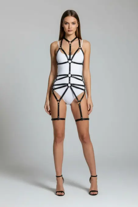 Siyah Harness Takım Metal Halka Detaylı Vücut Aksesuarı - APFT121 - 2