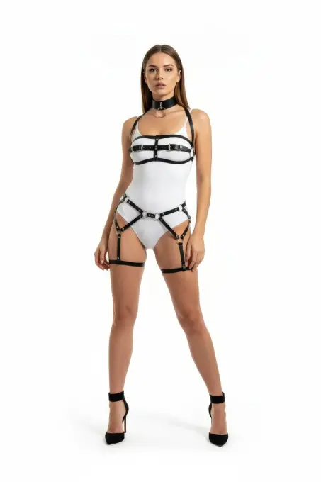 Siyah Harness Takım O Halka Detaylı Deri Vücut Aksesuarı - APFT242 - 1