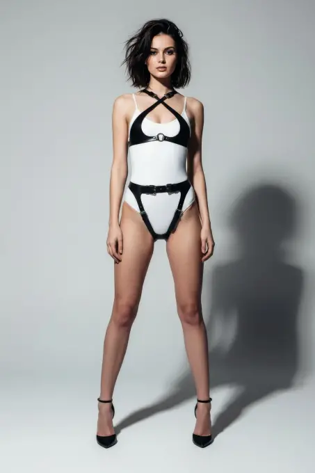 Siyah Harness Takım Parlak Deri Metal Halka Detaylı - APFT1130 - 1