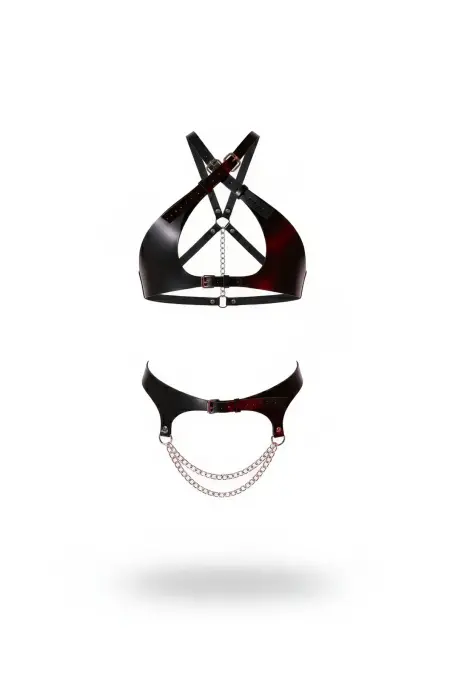 Siyah Harness Takım Parlak Deri Zincir Detaylı İki Parça - APFT885 - 1