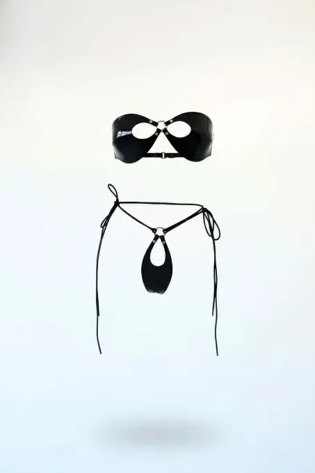 Siyah Harness Takım Parlak Vinil Metal Halka Detaylı - APFT1395 - 1