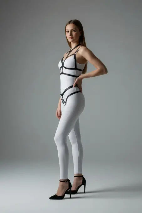 Siyah Harness Takım Siyah Deri Bant Detaylı Vücut Aksesuarı - APFT362 - 1