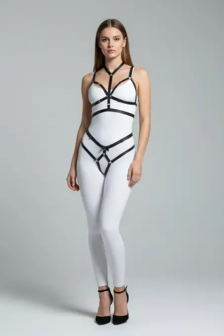 Siyah Harness Takım Siyah Deri Bant Detaylı Vücut Aksesuarı - APFT362 - Angels Passion (1)