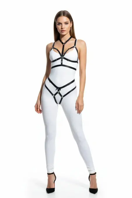 Siyah Harness Takım Siyah Deri Bant Detaylı Vücut Aksesuarı - APFT362 - 3