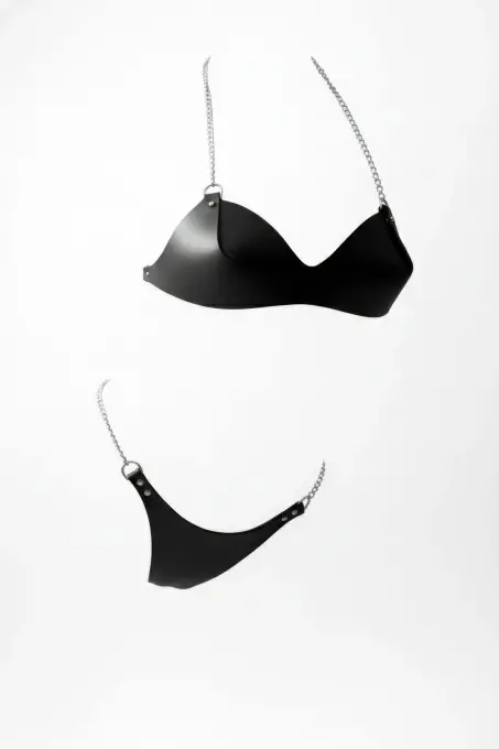 Siyah Harness Takım Suni Deri Zincir Detaylı - APFT1169 - 1