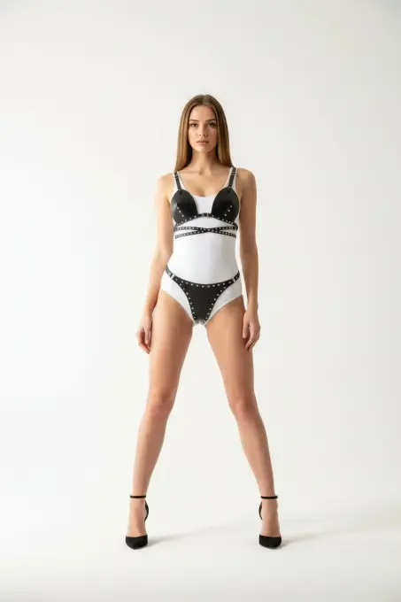 Siyah Harness Takım Zımbalı Deri Bralet Detaylı - APFT849 - 1