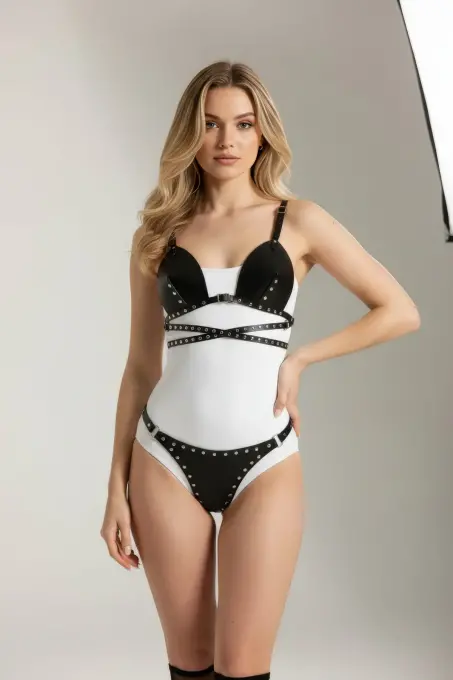 Siyah Harness Takım Zımbalı Deri Bralet Detaylı - APFT849 - 3
