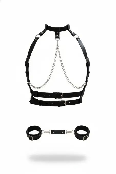 Siyah Harness Takım Zincir Detaylı Deri - APFT720 - 1
