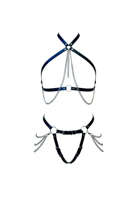 Siyah Harness Takım Zincir Detaylı Deri Vücut Kemeri - APFT1084 - 1