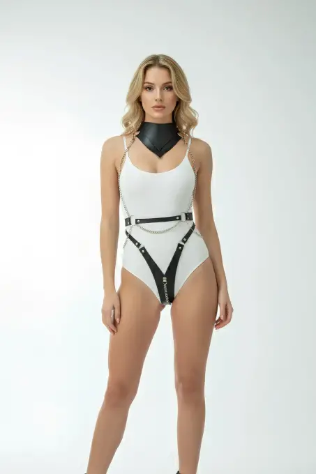 Siyah Harness Takım Zincir Detaylı Fermuarlı Vücut Kemeri - APFT1329 - 1