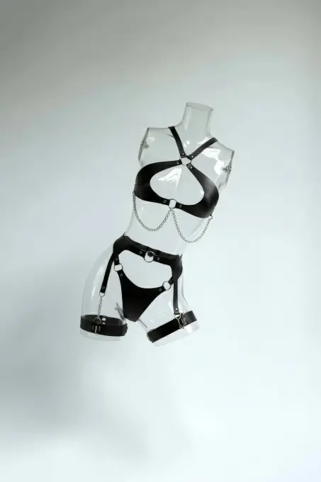 Siyah Harness Takım Zincir Detaylı Jartiyerli Suni Deri - APFT1330 - 1