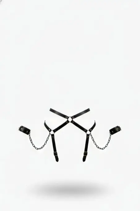 Siyah Harness Takım Zincir Detaylı Kelepçeli Vücut Aksesuarı - APFT708 - 1