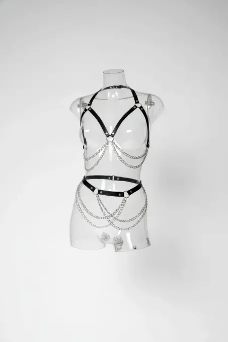 Siyah Harness Takım Zincir Detaylı Metal Halka Aksesuar - APFT1195 - 1