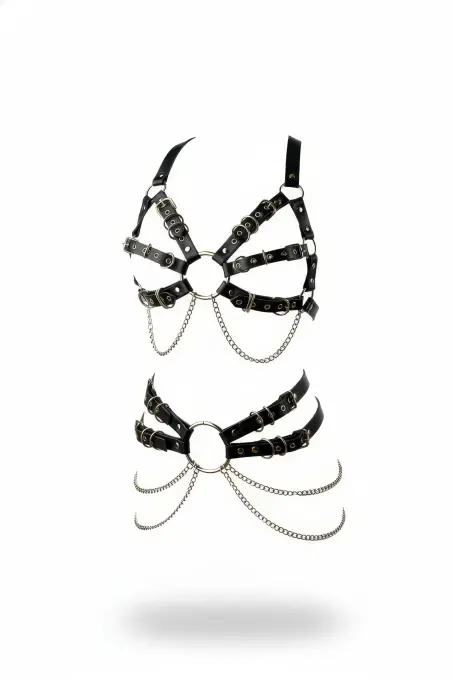 Siyah Harness Takım Zincir Detaylı Metal Halka Aksesuarlı - APFT1260 - 1