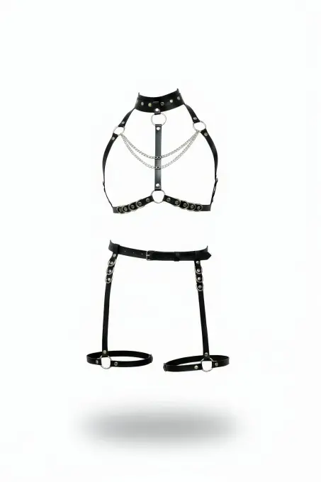 Siyah Harness Takım Zincir Detaylı Metal Halkalı - APFT1081 - 1