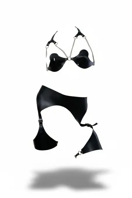 Siyah Harness Takım Zincir Detaylı Suni Deri Bralet Set - APFT1220 - 1