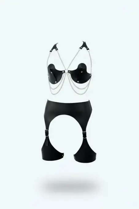 Siyah Harness Takım Zincir Detaylı Suni Deri Jartiyerli - APFT1221 - 1