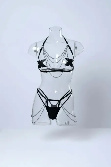 Siyah Harness Takım Zincir Detaylı Vücut Aksesuarı - APFT1065 - 1